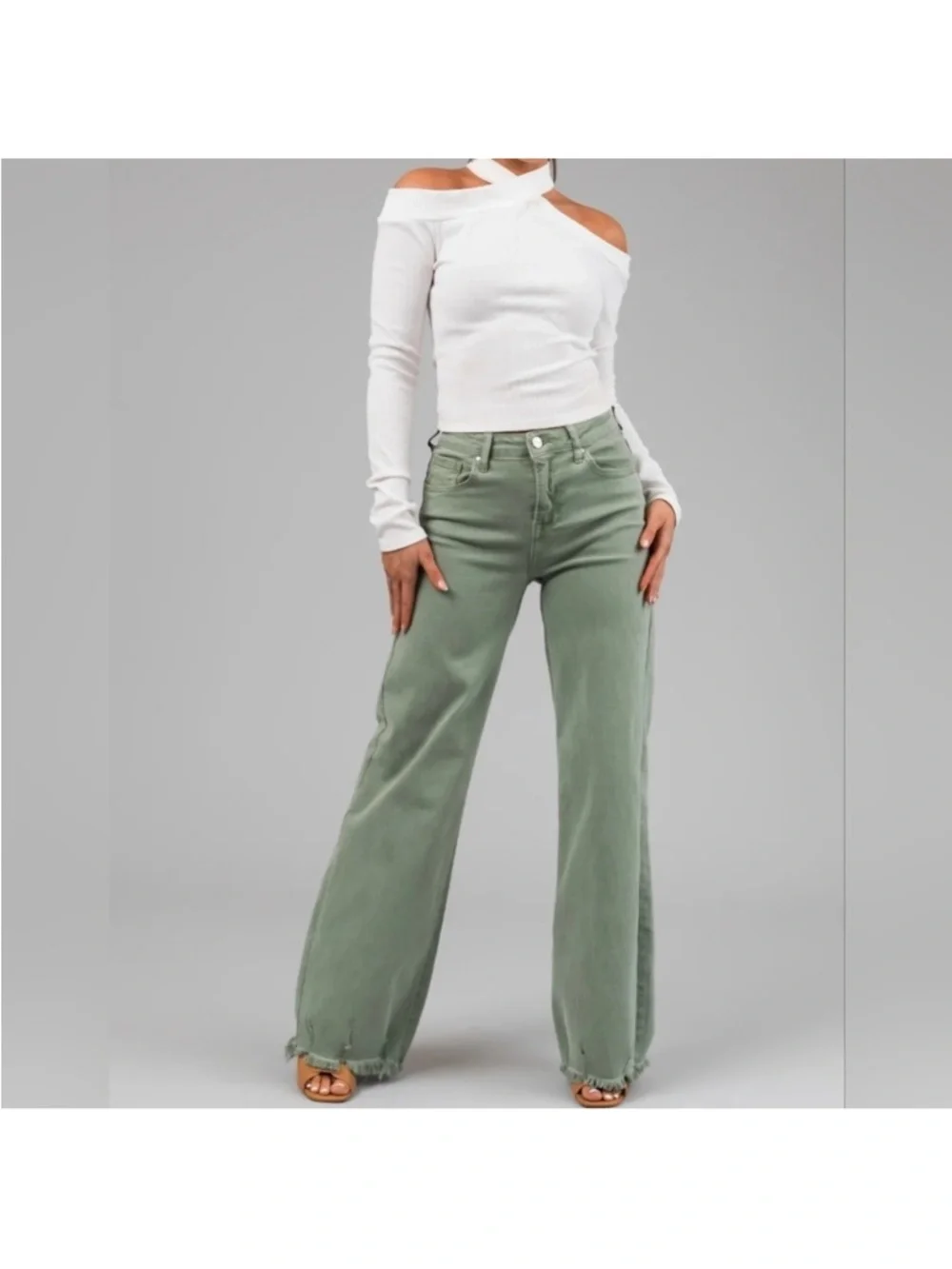 Risen Jeans High Rise Fray Wide Leg Olive Jeans NWT - Picture 2 of 10